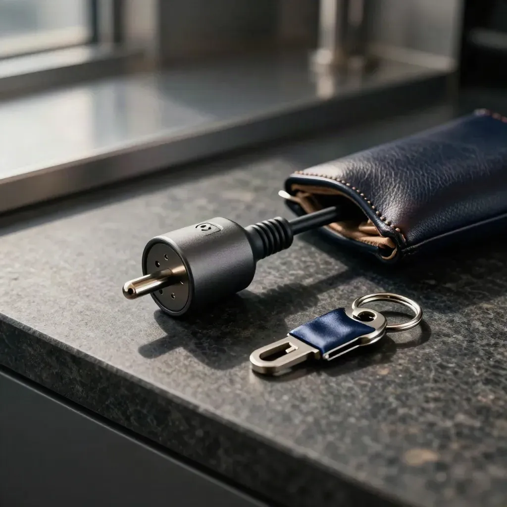 Laadkabelset voor een leaseauto met Type 2-stekker, sleutelhanger en leren etui op donker steen.