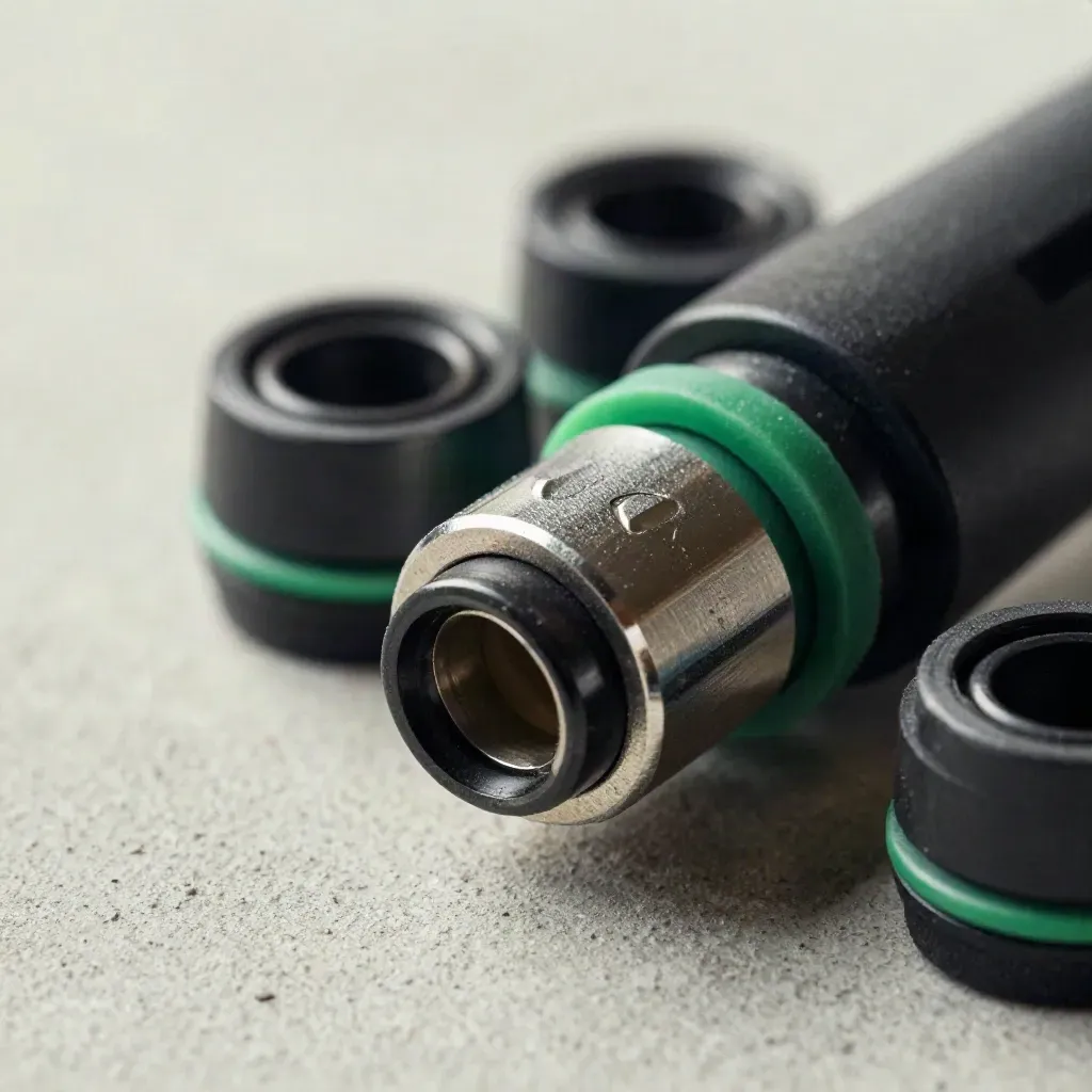Macro van laadcontactdoppen, O-ringen en aluminium covers op licht beton met groen accent.