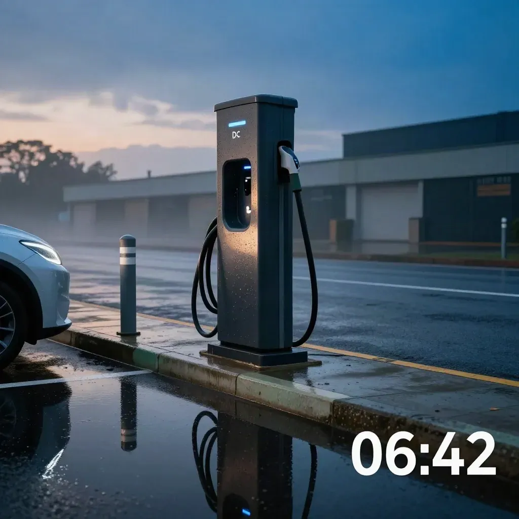 Matte laadpaal in natte EV-bay met plasregen en wegrijdende auto bij dageraad.