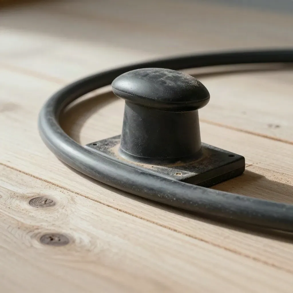 EV-kabel, wielkeg en bollardkap op licht hout, strak uitgelicht in een premium close-up.