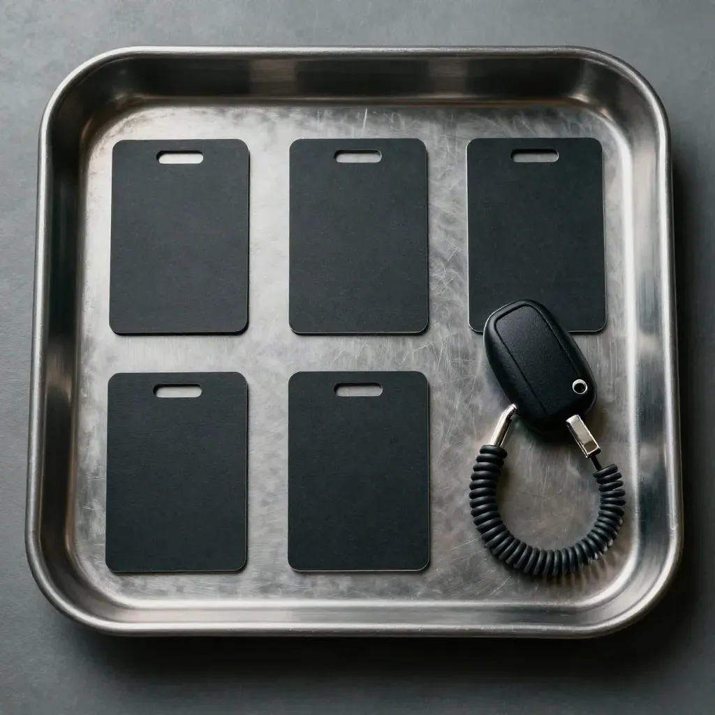 Bovenaanzicht van RFID-kaarten, sleutelhanger en kabelslot op geborsteld staal.