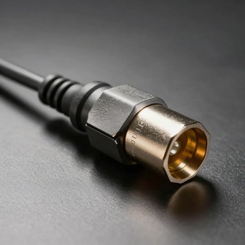 CCS-laadconnector met stofkap en kabelband op geborsteld metaal, dramatisch belicht