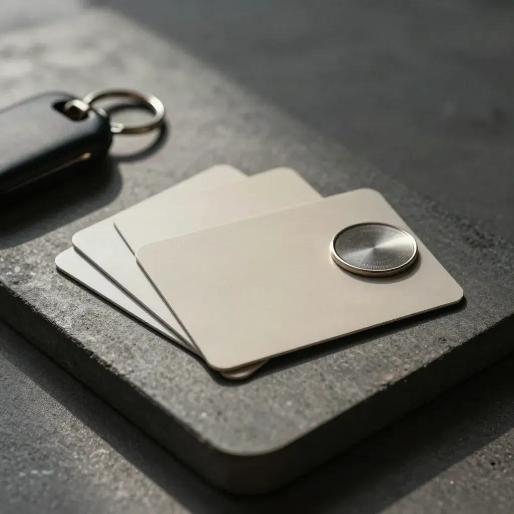 Drie laadpassen, een metalen token en een matte sleutelhanger op donkere steen