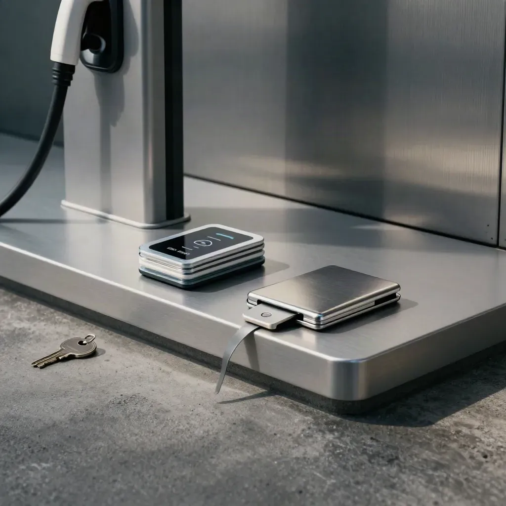 RFID-pasje, contactloze tag en hoesje op metaal in een laadpunt-alcove