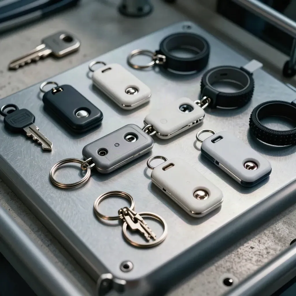 Overzicht van depot sleutels, RFID-fobs en kabelklemmen in nette rijen