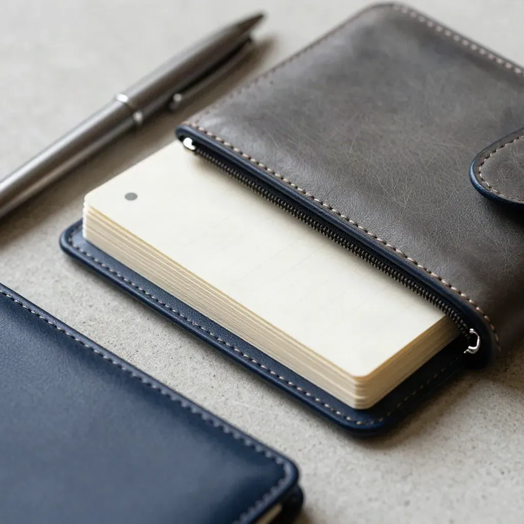 Macro van een planner-etui, pen, blanco kaartjes en laadportemonnee op licht beton.