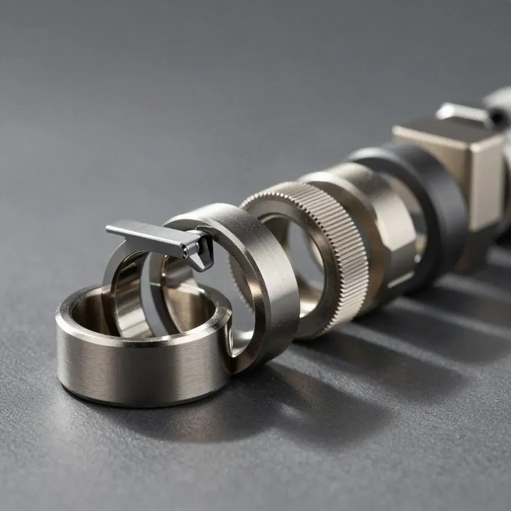 Machinale ringen, connectorblokken en kabelclip op grafietgrijs met dramatisch licht.