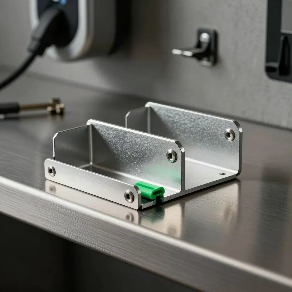 Aluminium beugels en couplers op geborsteld staal met een klein elektrischgroen detail.