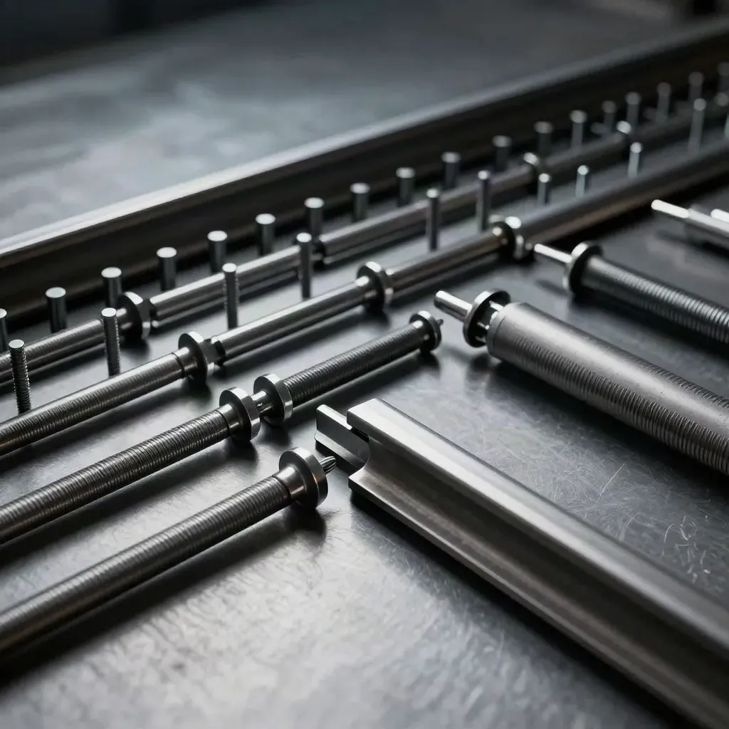 Rails en connectoren op geborsteld metaal in dramatisch licht.